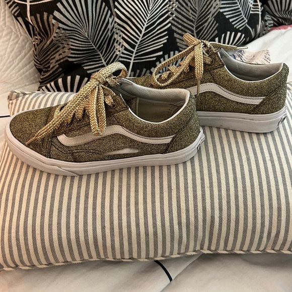 Vans Shoes - Vans Kids Gold Glitter Old Skool Sneakers with White Stripe